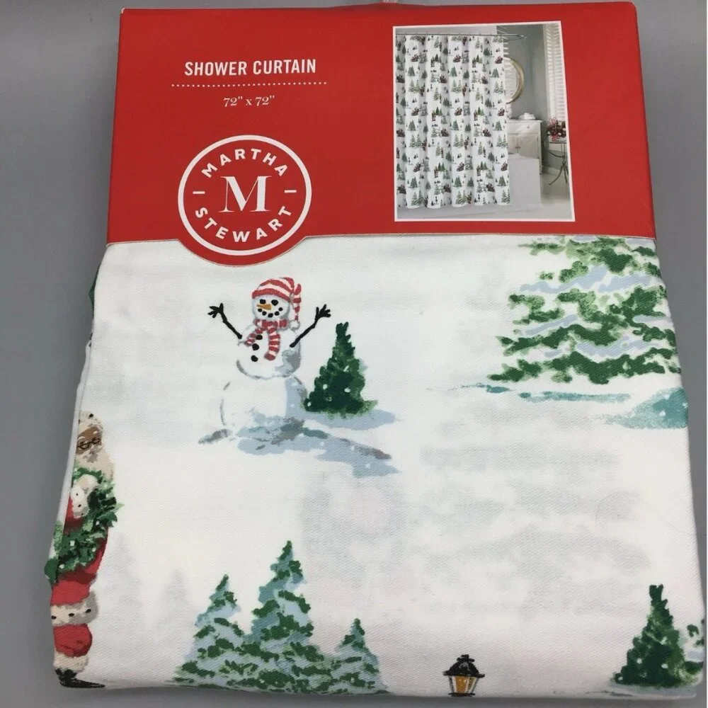 Martha Stewart Christmas Santa Claus Snowman Shower Curtain Sleigh Woods Holiday